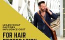 Man with nice hair on the phone in the air port and the words cost of hair restoration