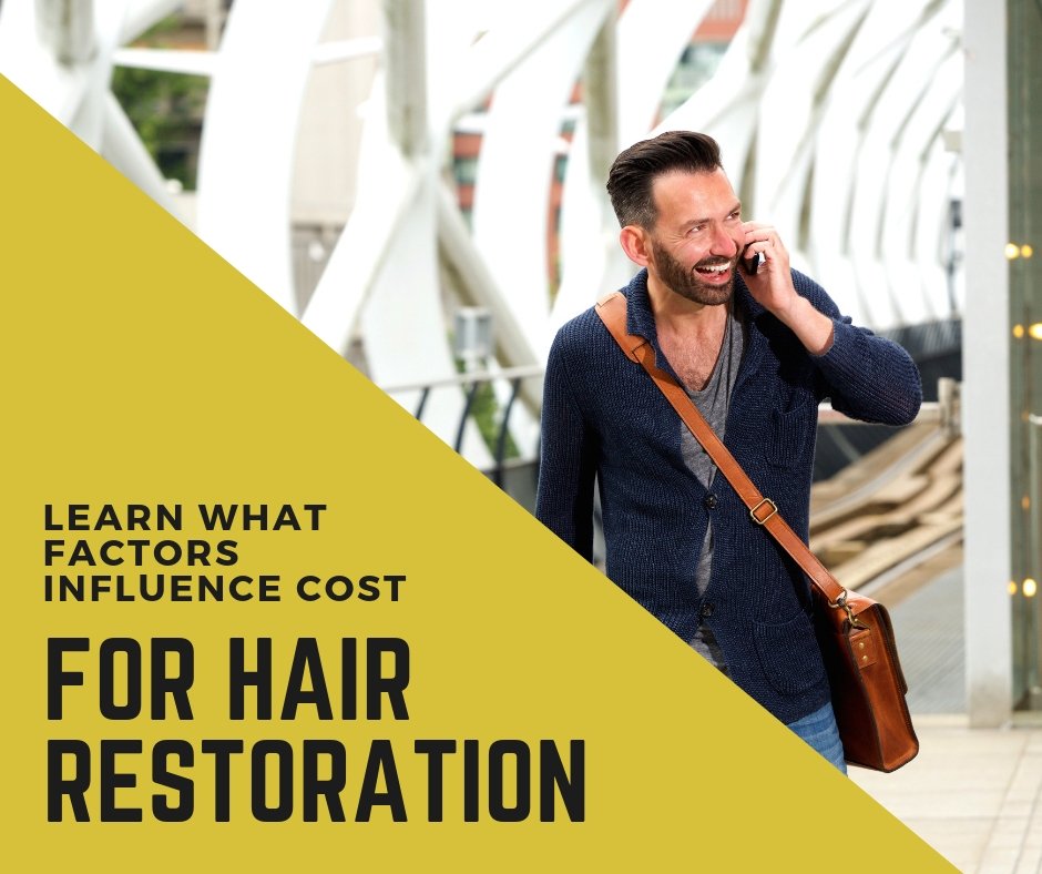 Man with nice hair on the phone in the air port and the words cost of hair restoration
