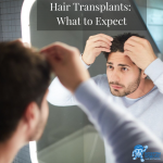 hair transplant man looks at hair in mirror